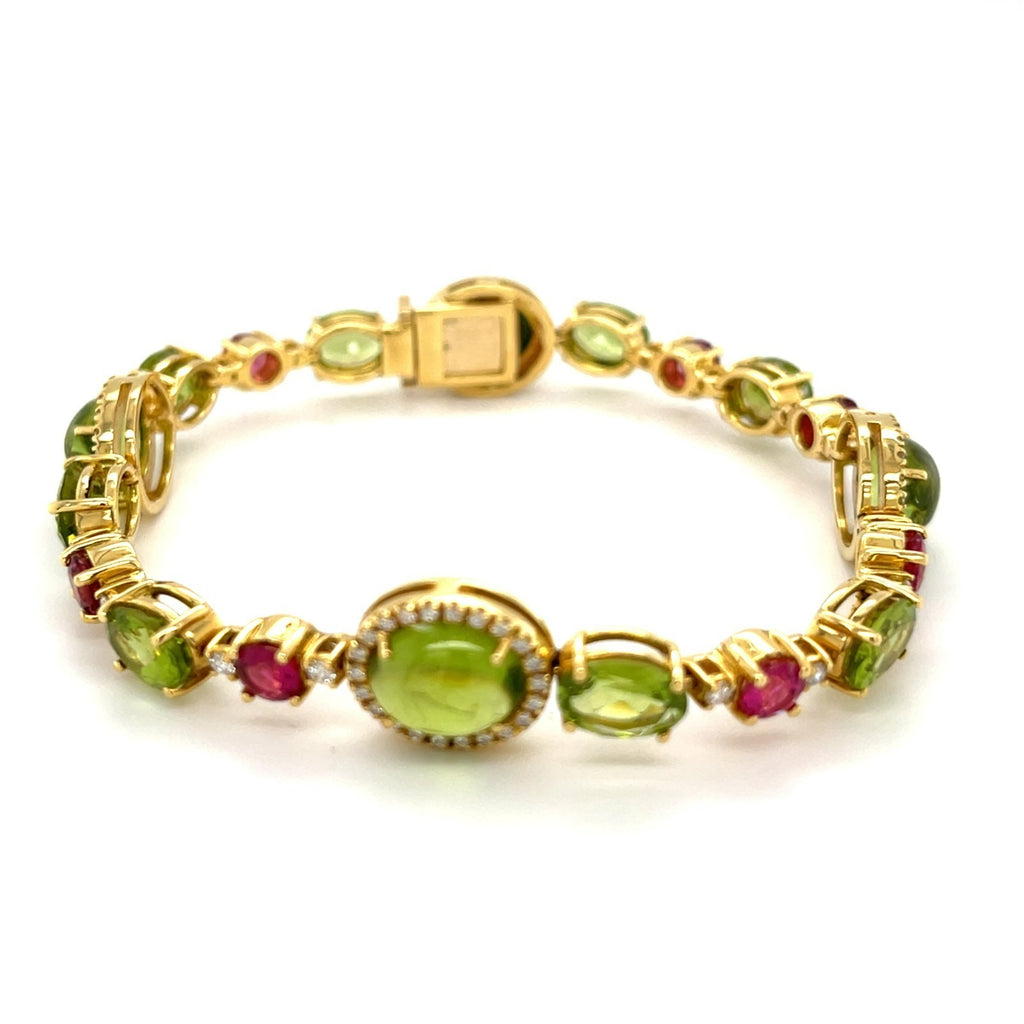 18k Gold, Peridot & Tourmaline 2pc Jewelry Set w/ 1.61ct Diamonds, Earrings and Bracelet, Size 7.25