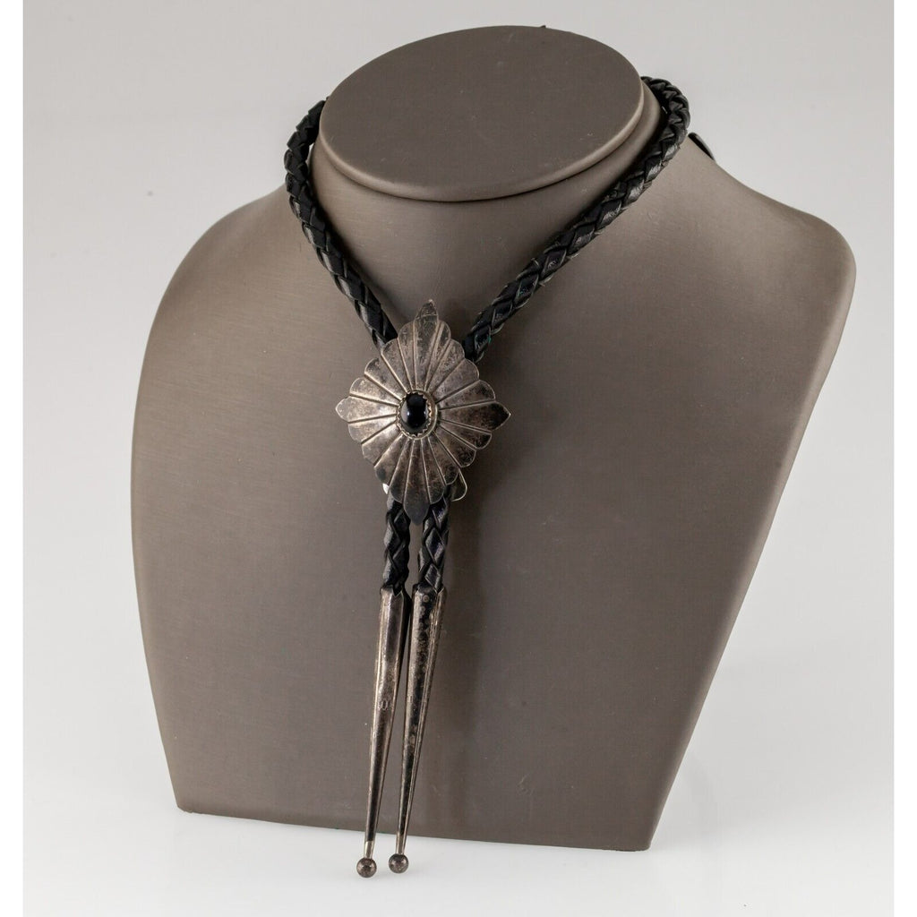 Sterling Silver Sunburst Onyx Bolo Tie with 36" Braided Leather Strap