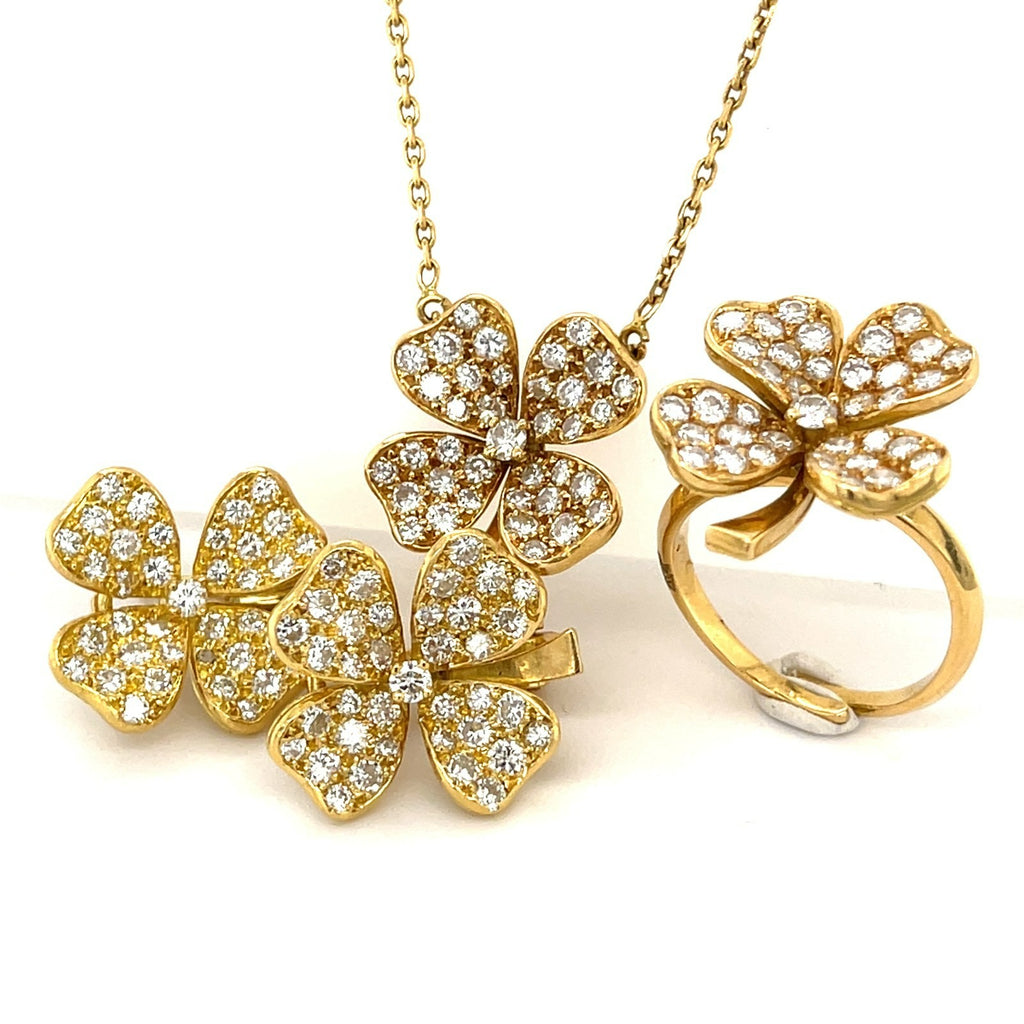 18K Yellow Gold Clover Jewelry Suite Ring, Earrings, Necklace 2.55 ctw