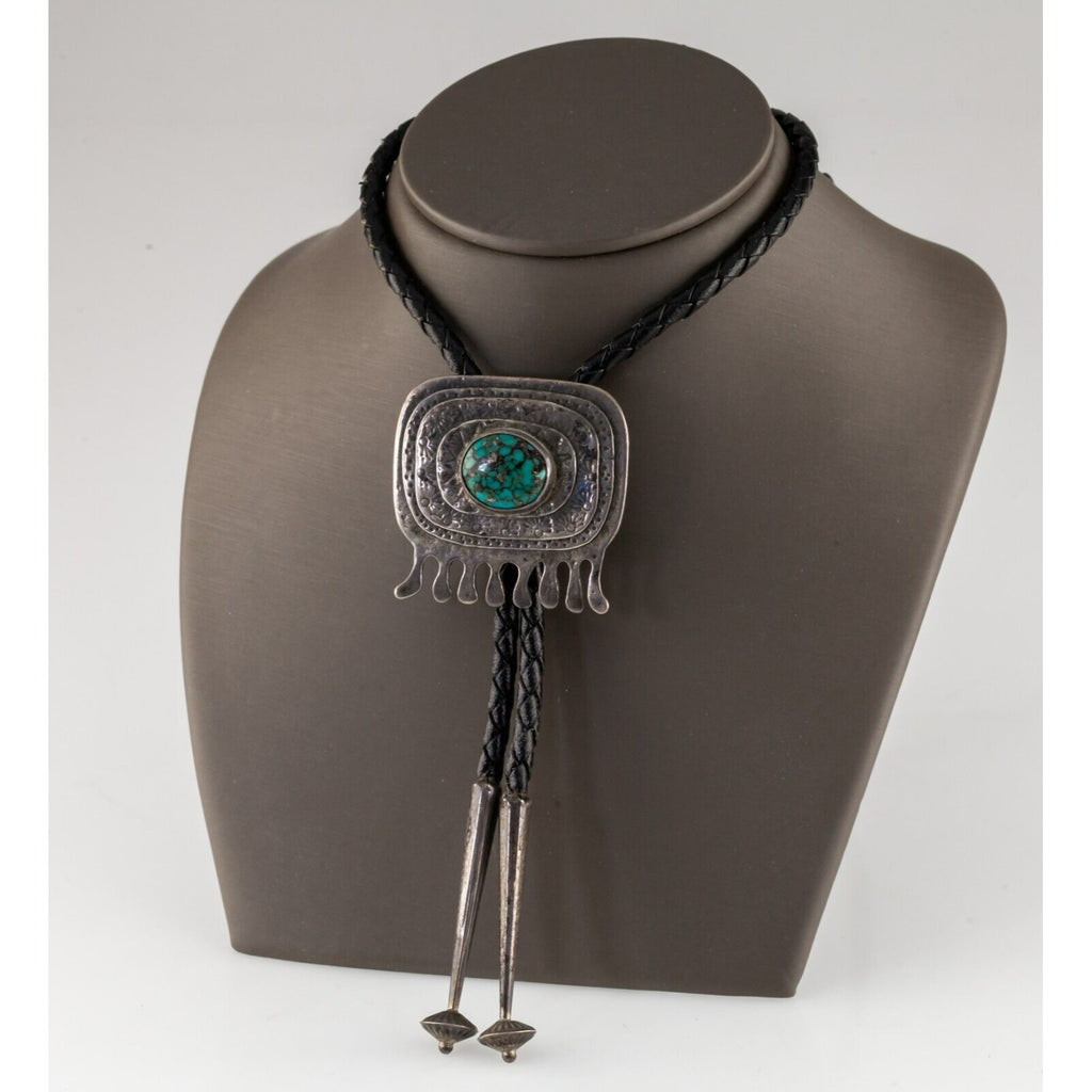 Sterling Silver Polished Turquoise Bolo Tie with Braided Leather Strap