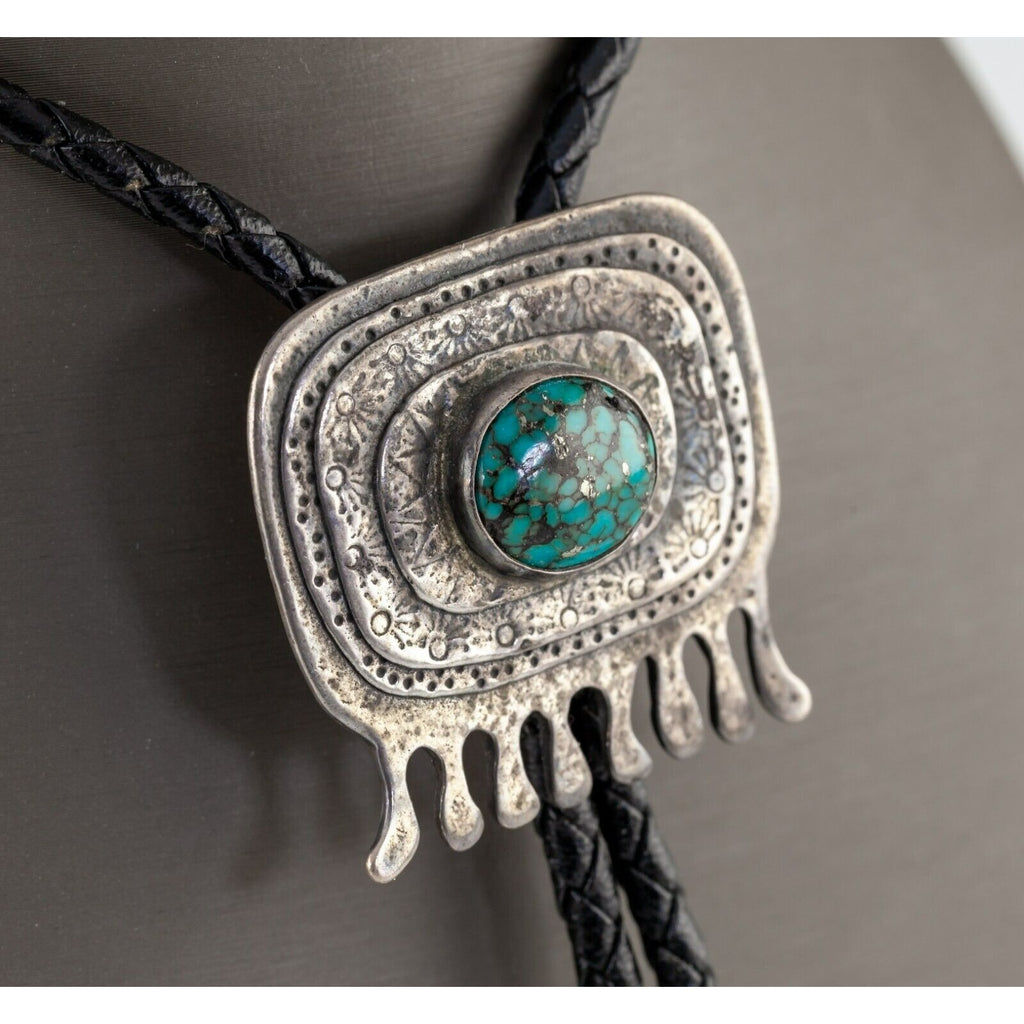 Sterling Silver Polished Turquoise Bolo Tie with Braided Leather Strap