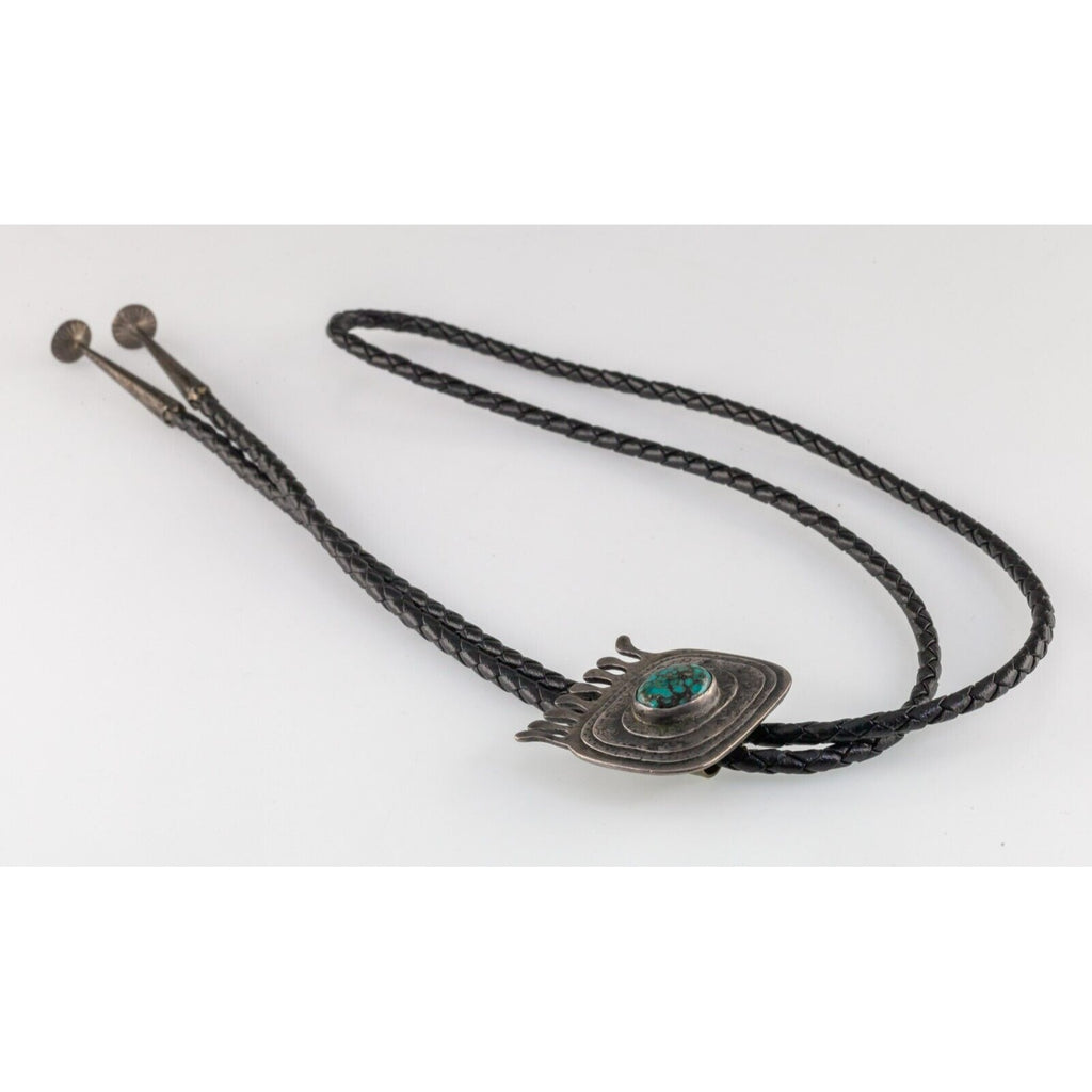 Sterling Silver Polished Turquoise Bolo Tie with Braided Leather Strap