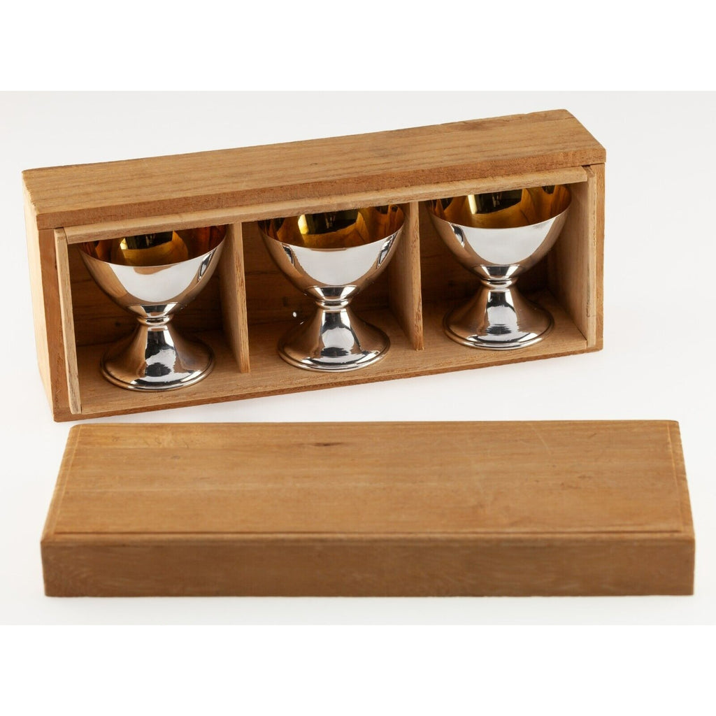 Lot of 3 Sterling Silver Japanese Sake Cups with Wooden Presentation Case