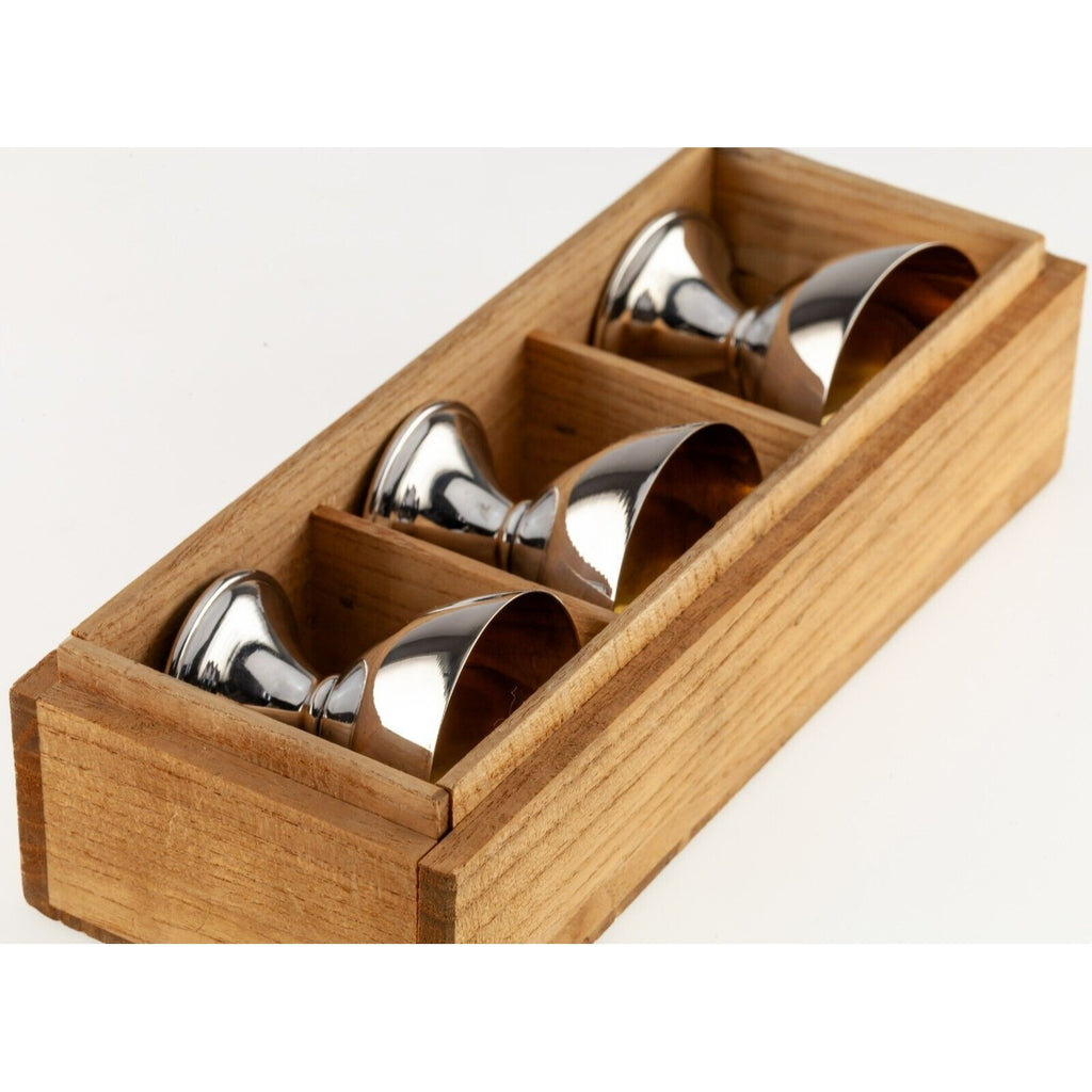 Lot of 3 Sterling Silver Japanese Sake Cups with Wooden Presentation Case