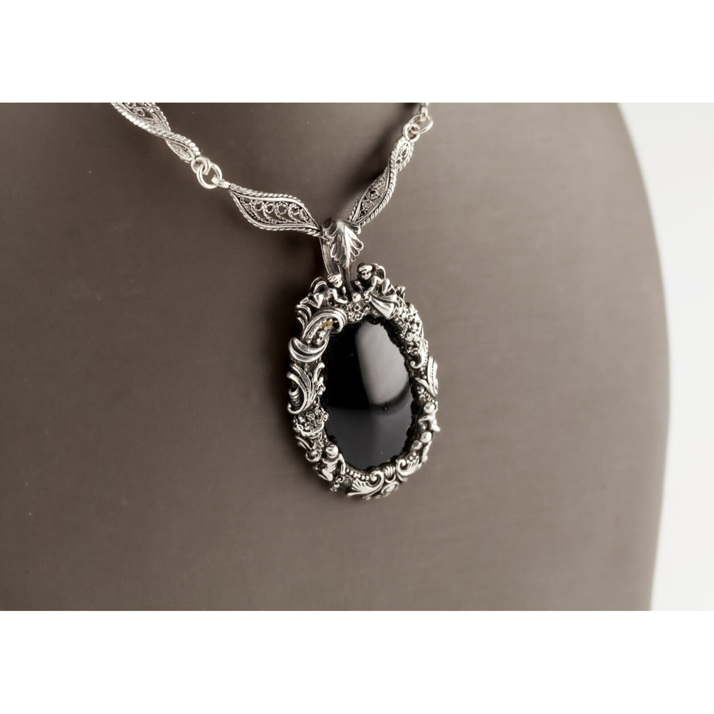 Sally C Sterling Silver and Onyx Ornate Pendant and Earring Set