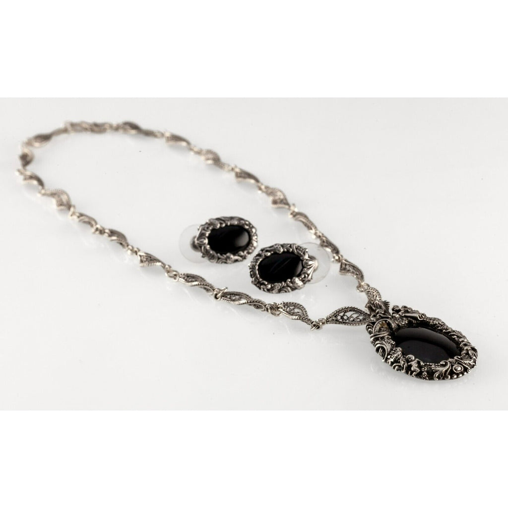 Sally C Sterling Silver and Onyx Ornate Pendant and Earring Set