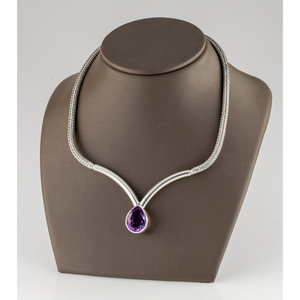 Gorgeous Sterling Silver Wheat Chain Teardrop Amethyst Necklace 18"