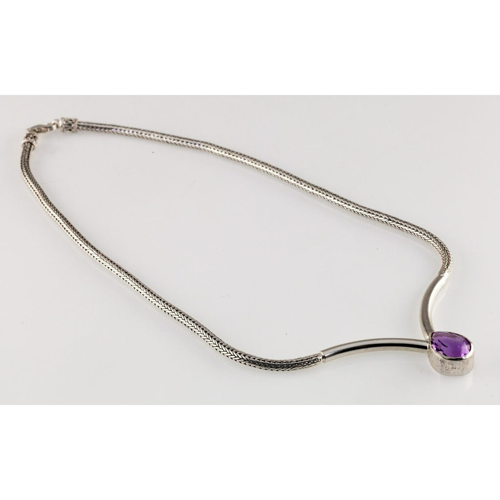 Gorgeous Sterling Silver Wheat Chain Teardrop Amethyst Necklace 18"