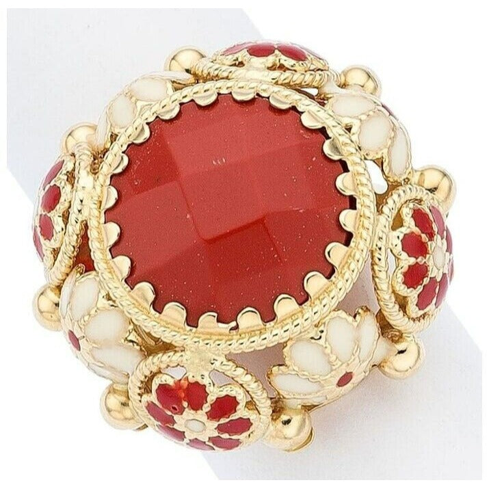 14k Yellow Gold Coral Solitaire Ring w/ Enamel Flower Accents Size 6.5