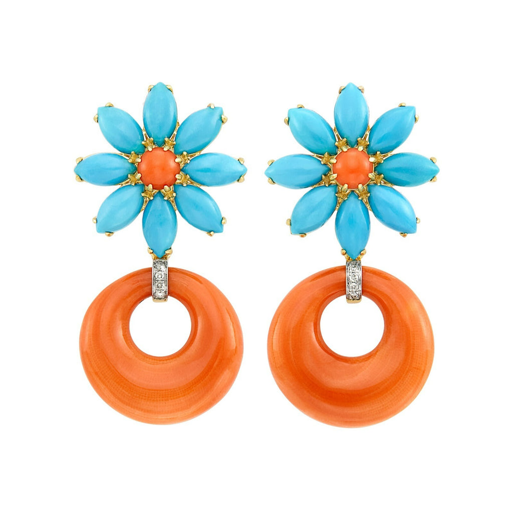 18k Yellow Gold, Turquoise, Coral and Diamond Flower Hoop Earrings 1-1/2" 16g