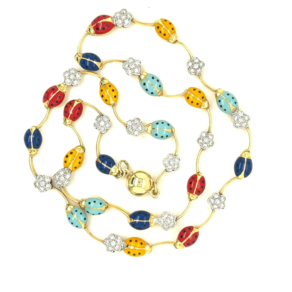 14k Yellow Gold Enamel Ladybug and Diamond Floret Necklace 18"