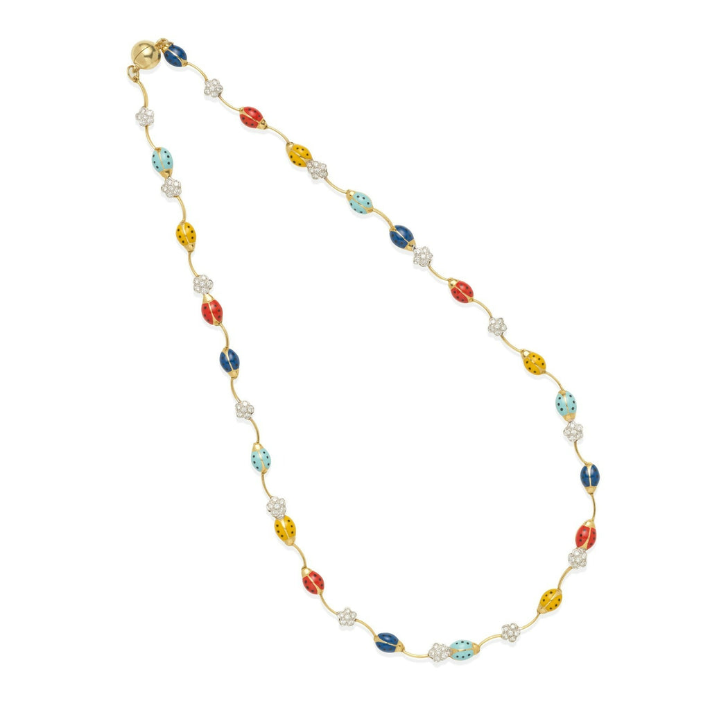 14k Yellow Gold Enamel Ladybug and Diamond Floret Necklace 18"