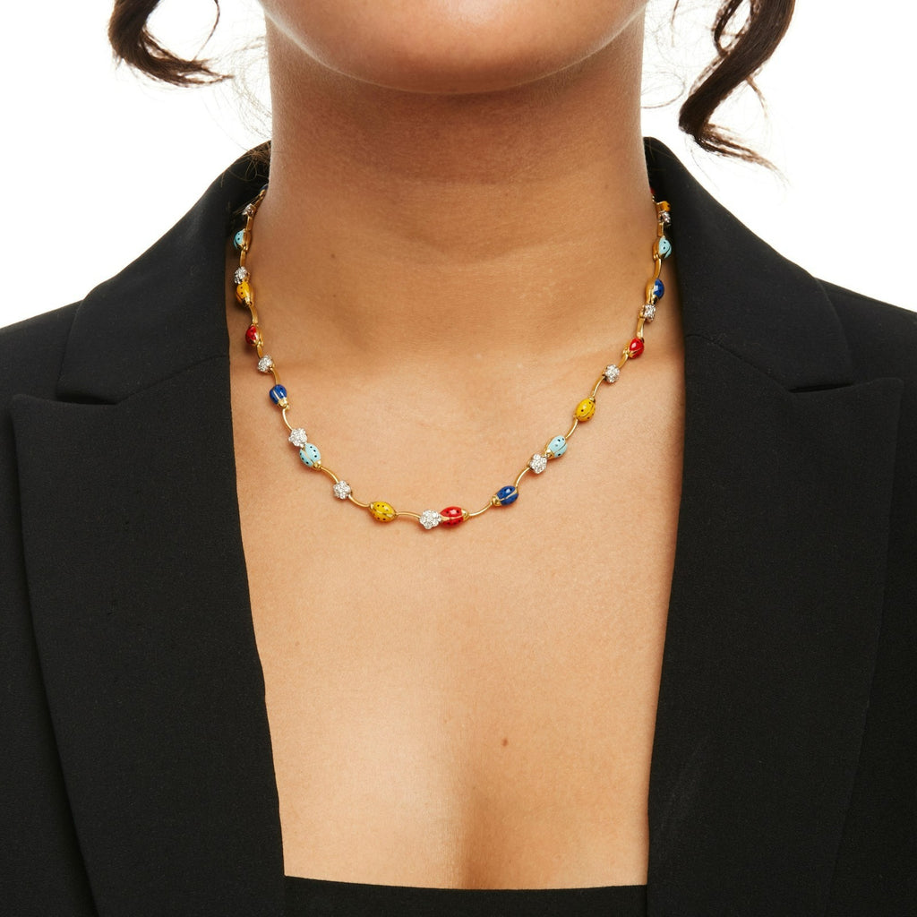 14k Yellow Gold Enamel Ladybug and Diamond Floret Necklace 18"