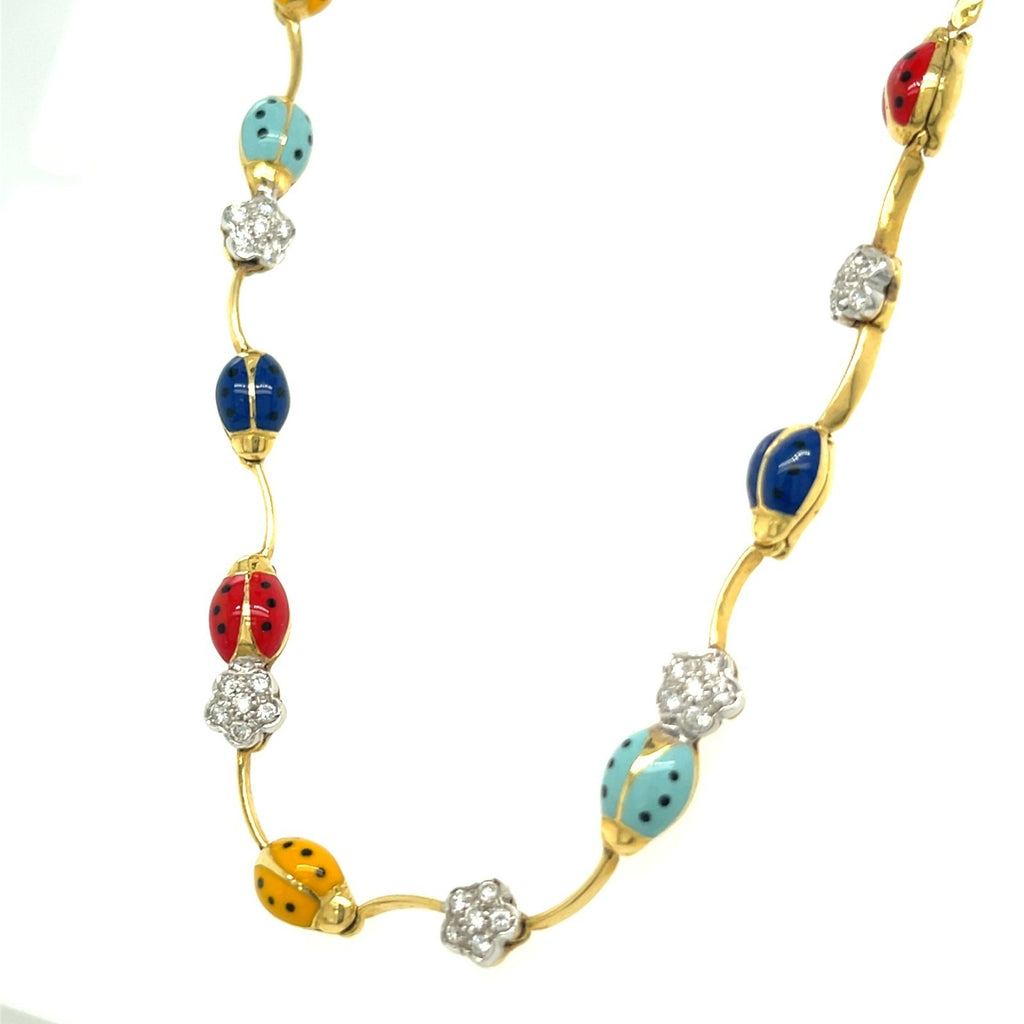 14k Yellow Gold Enamel Ladybug and Diamond Floret Necklace 18"