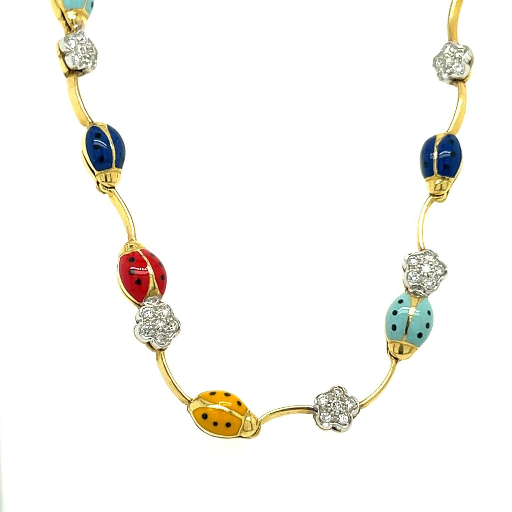 14k Yellow Gold Enamel Ladybug and Diamond Floret Necklace 18"