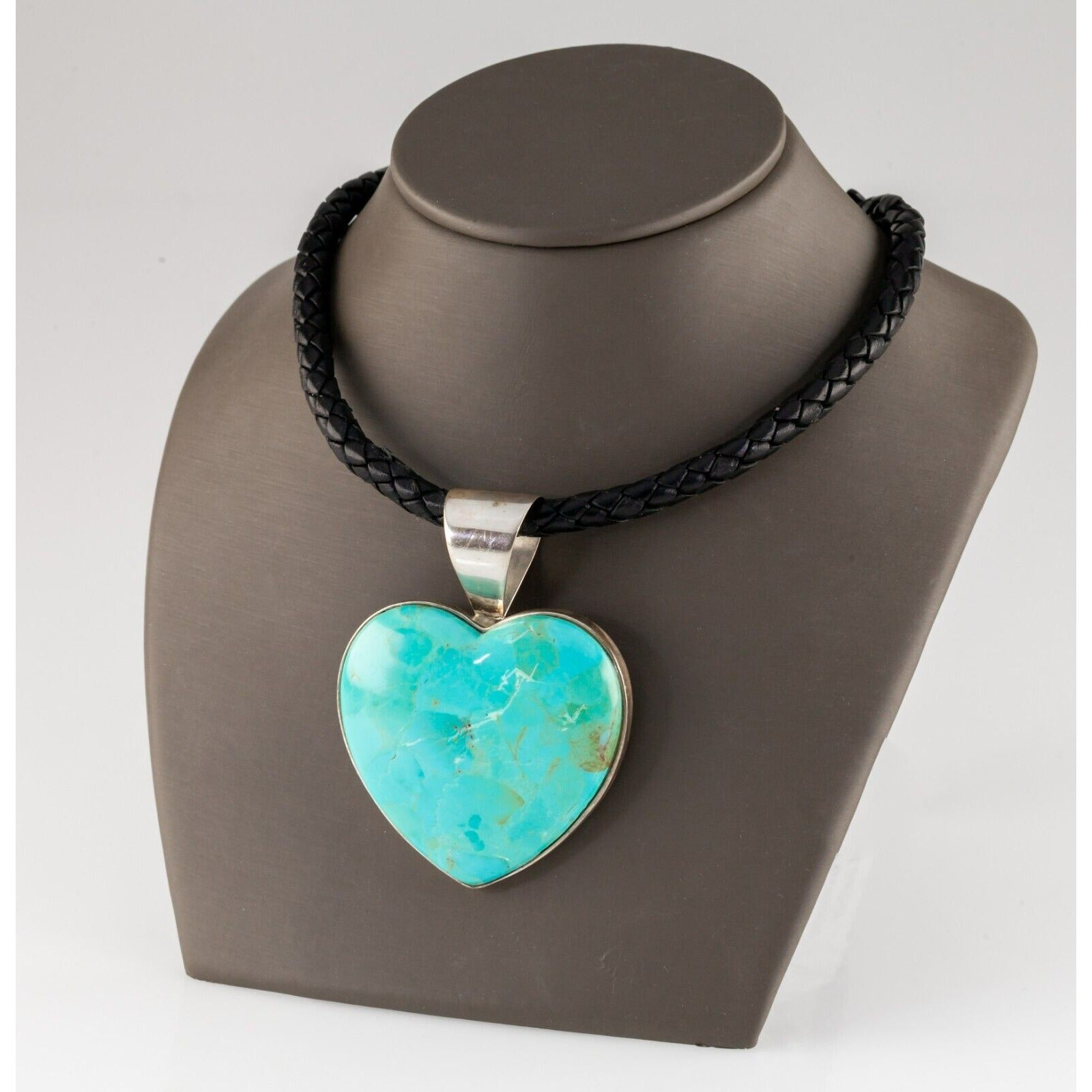 Jay King Sterling Silver Turquoise Heart Pendant with Black Braided Leather 20