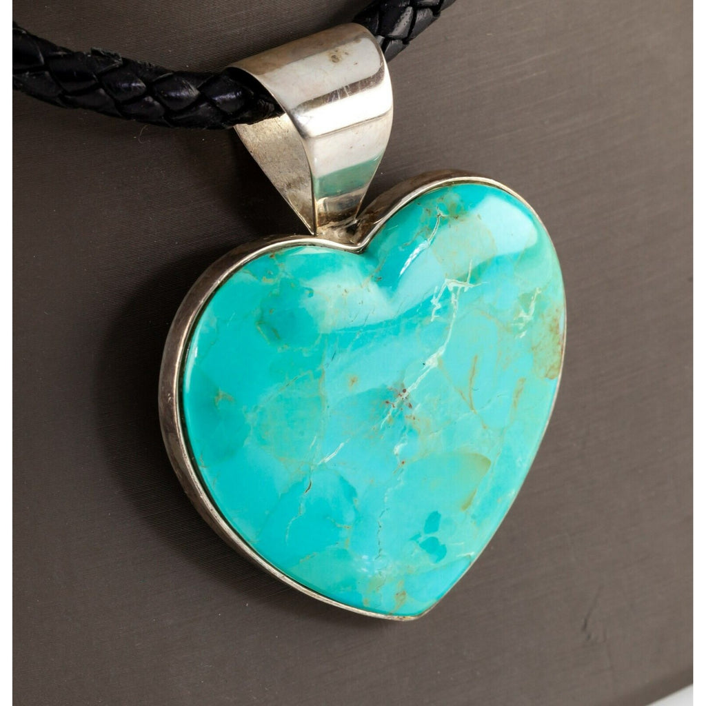 Jay King Sterling Silver Turquoise Heart Pendant with Black Braided Leather 20"