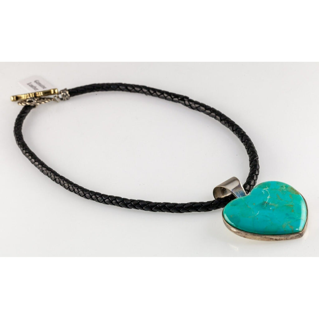 Jay King Sterling Silver Turquoise Heart Pendant with Black Braided Leather 20"