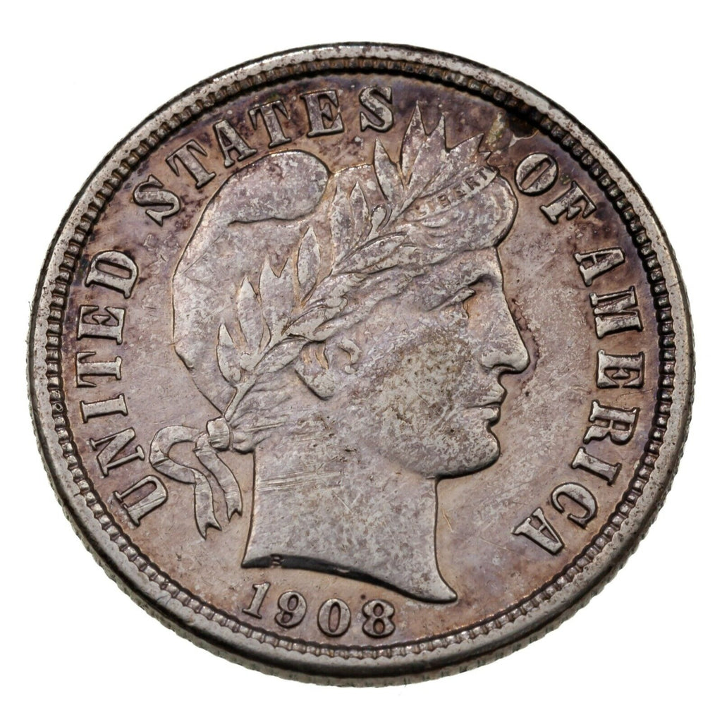 1908-S 10C Barber Dime in XF Condition, Light Toning