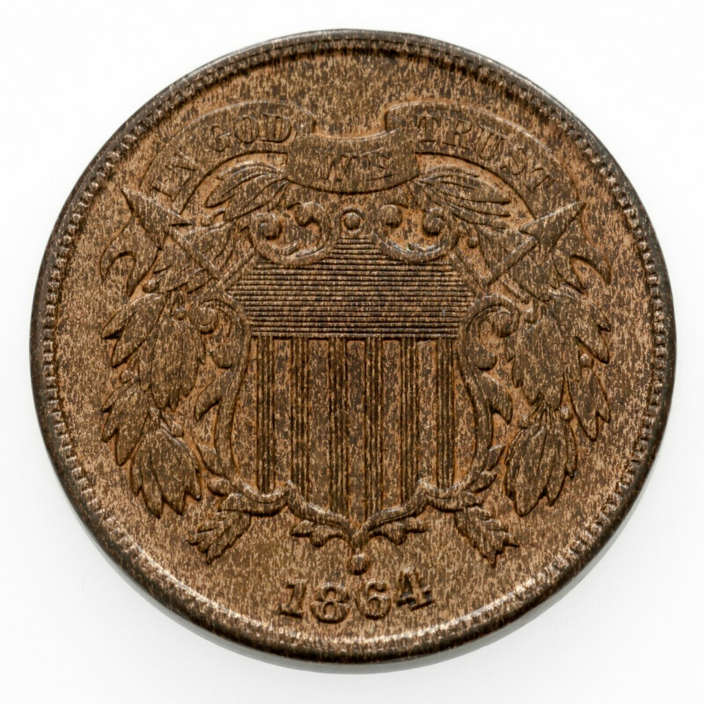 1864 Large Motto US 2 Cent Piece in BU Condition, Brown Color, Strong Luster!