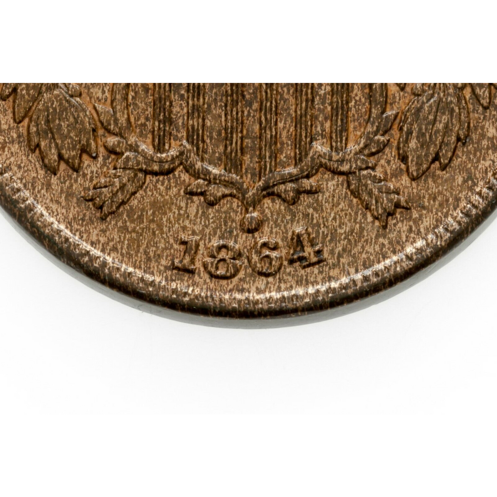 1864 Large Motto US 2 Cent Piece in BU Condition, Brown Color, Strong Luster!