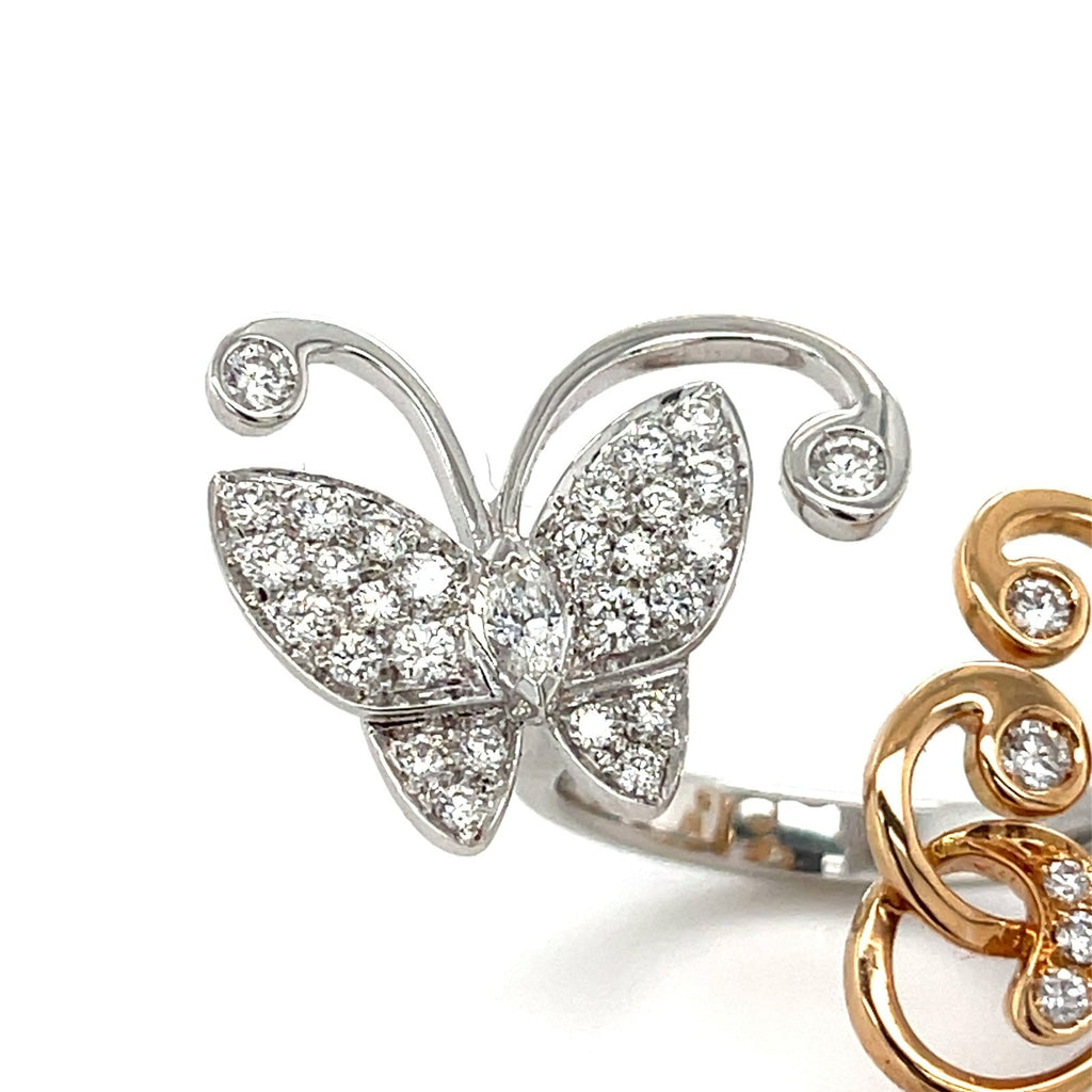 18k Two-Tone Gold & 1.15ct Diamond Double Butterfly Gallery Ring, Size 5.5