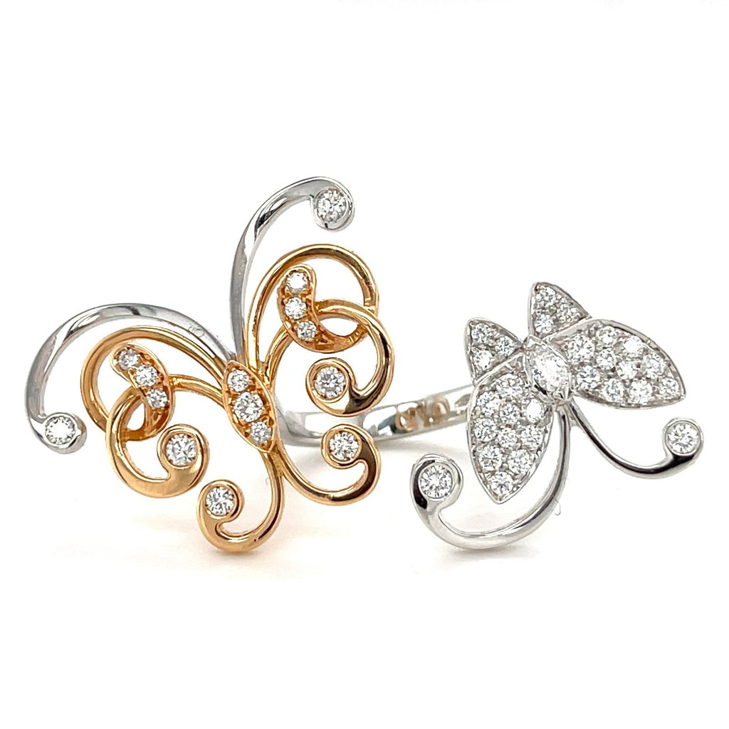18k Two-Tone Gold & 1.15ct Diamond Double Butterfly Gallery Ring, Size 5.5