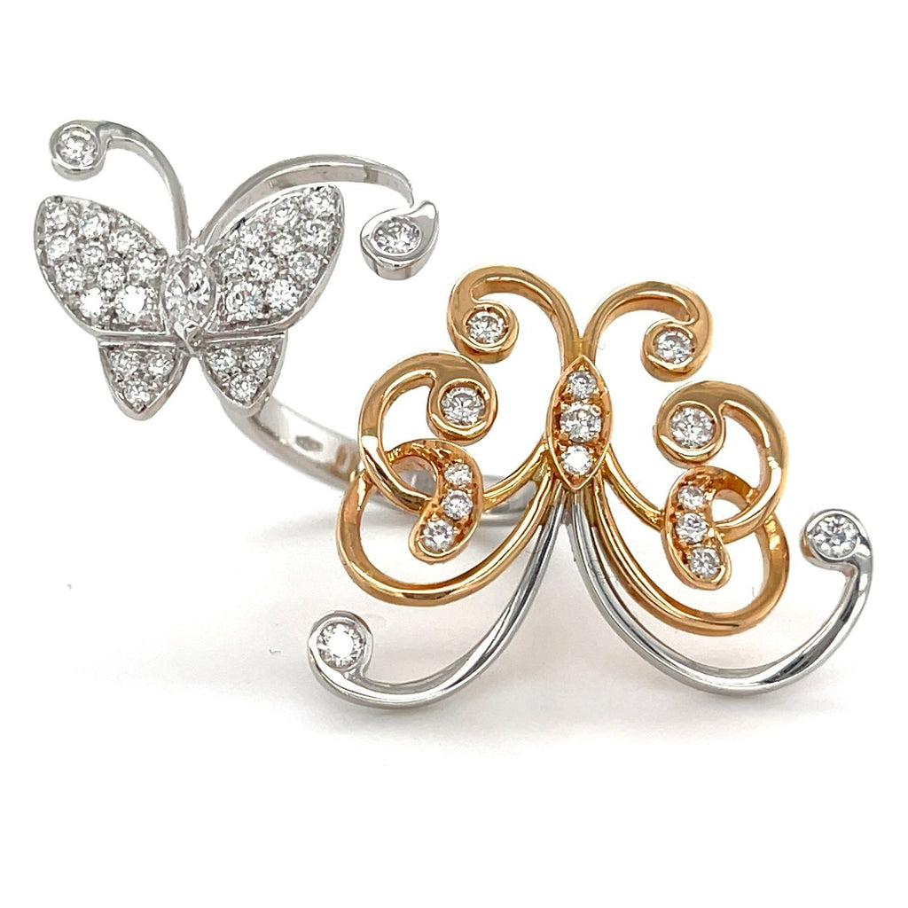 18k Two-Tone Gold & 1.15ct Diamond Double Butterfly Gallery Ring, Size 5.5