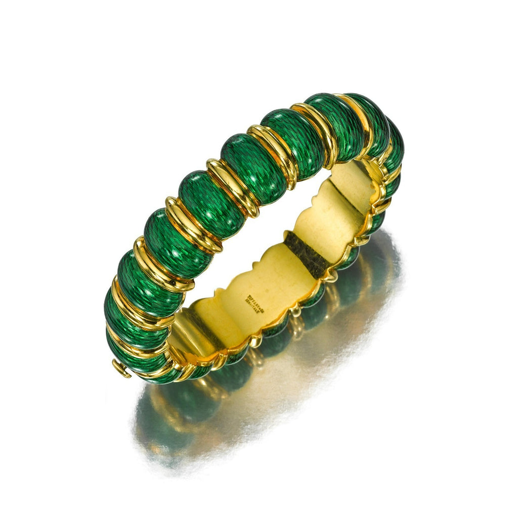 Tiffany & Co. Vtg 18k Yellow Gold and Scalloped Green Enamel Bangle Bracelet