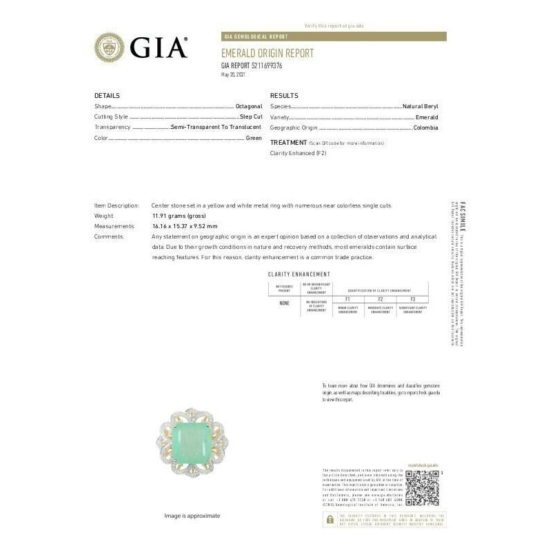 14k Yellow Gold 18.13 ct Colombian Emerald Ring with 0.85 Dia Accents Size 7 GIA