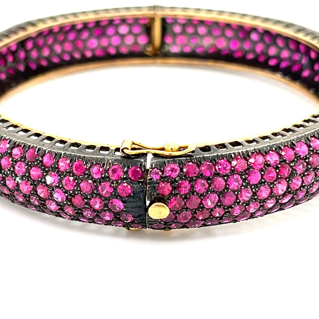14K Yellow Gold Antiqued Bangle Bracelet w/ 36 cts of Pave Set Rubies 7.5"