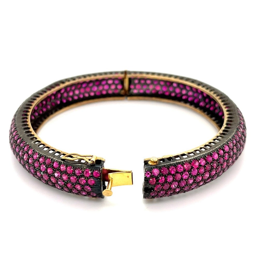 14K Yellow Gold Antiqued Bangle Bracelet w/ 36 cts of Pave Set Rubies 7.5"