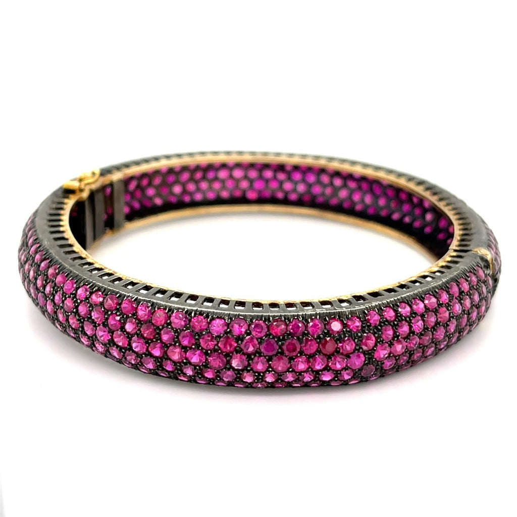 14K Yellow Gold Antiqued Bangle Bracelet w/ 36 cts of Pave Set Rubies 7.5"