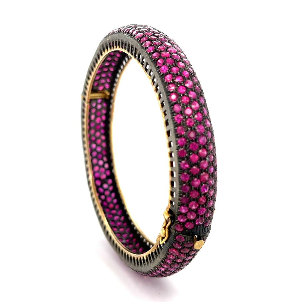 14K Yellow Gold Antiqued Bangle Bracelet w/ 36 cts of Pave Set Rubies 7.5"