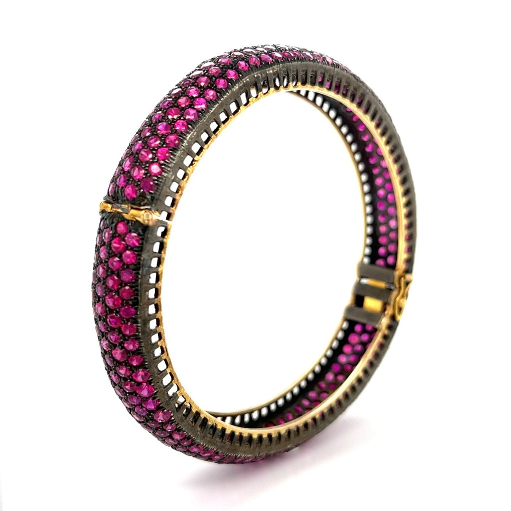 14K Yellow Gold Antiqued Bangle Bracelet w/ 36 cts of Pave Set Rubies 7.5"
