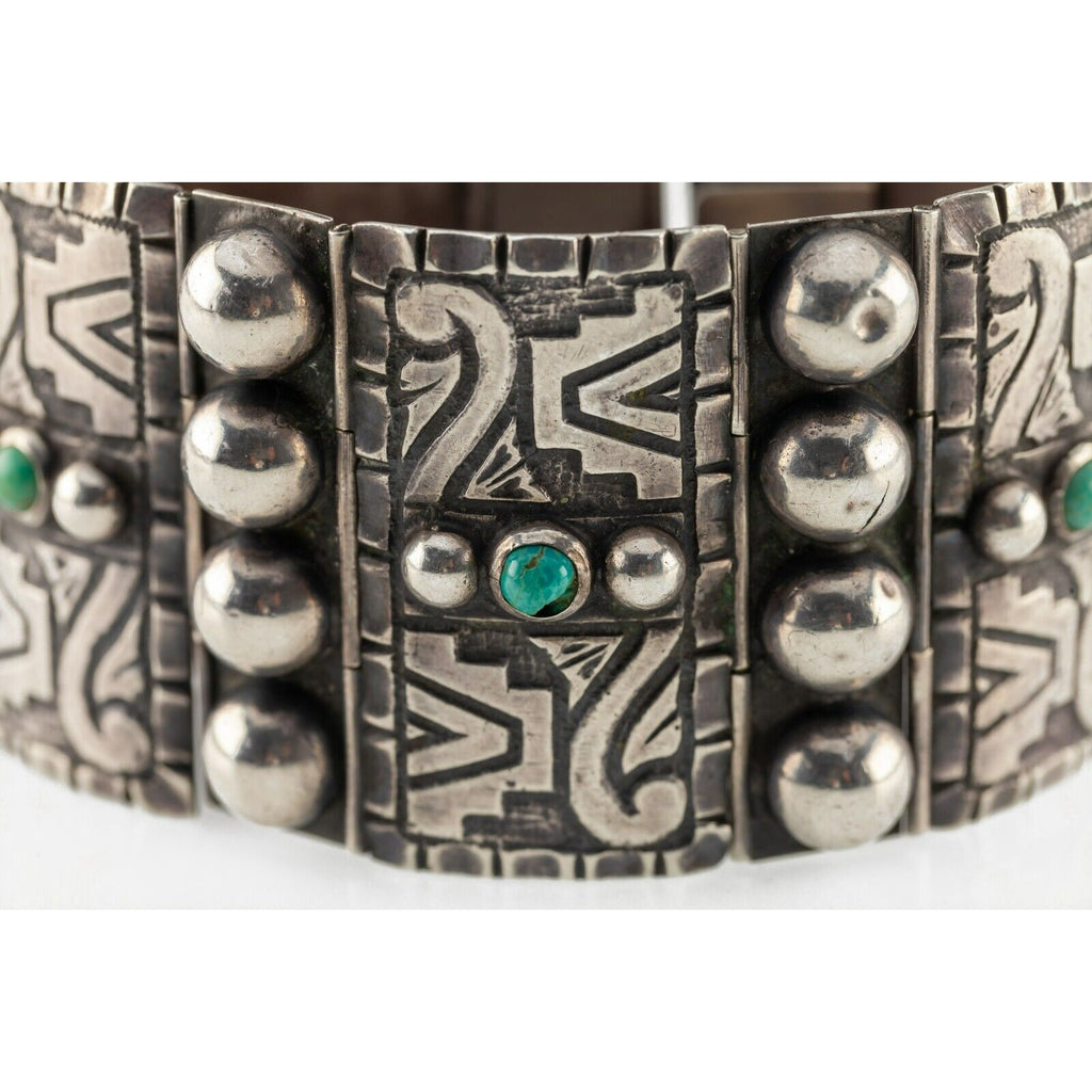 Mid Century Casa Prieto Sterling Silver Turquoise Wide Panel Bracelet 7"