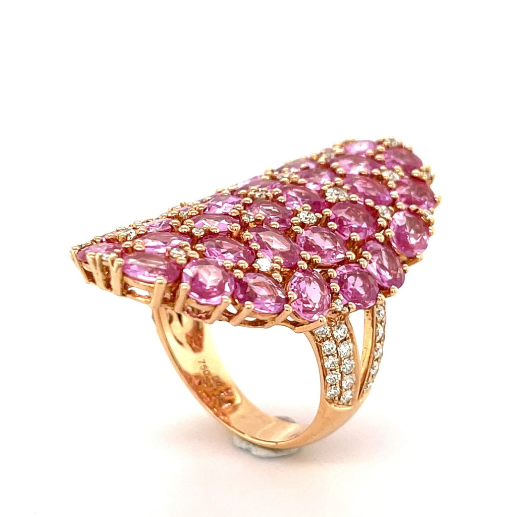 18k Rose Gold & 11.56ct Oval Pink Sapphire Shield Ring w/ 0.75ct Diamond Accents, Size 9