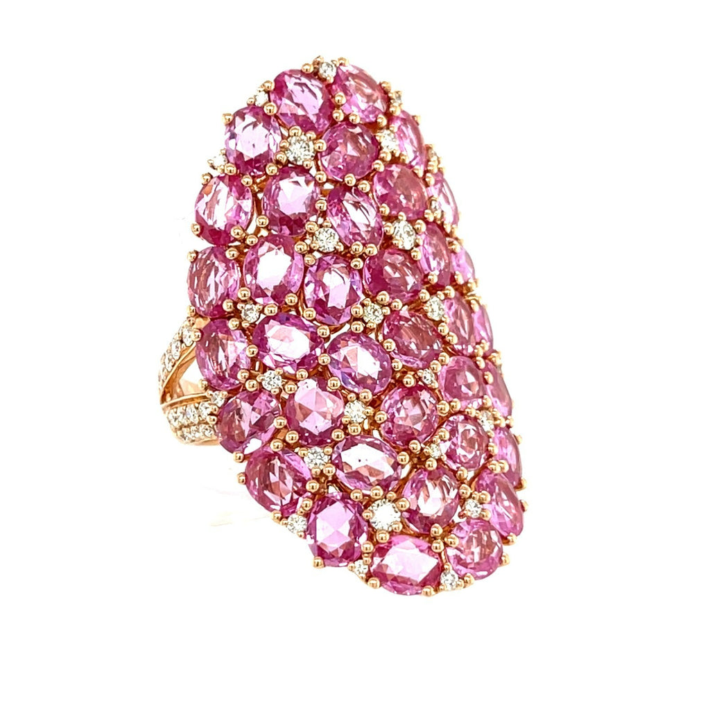 18k Rose Gold & 11.56ct Oval Pink Sapphire Shield Ring w/ 0.75ct Diamond Accents, Size 9