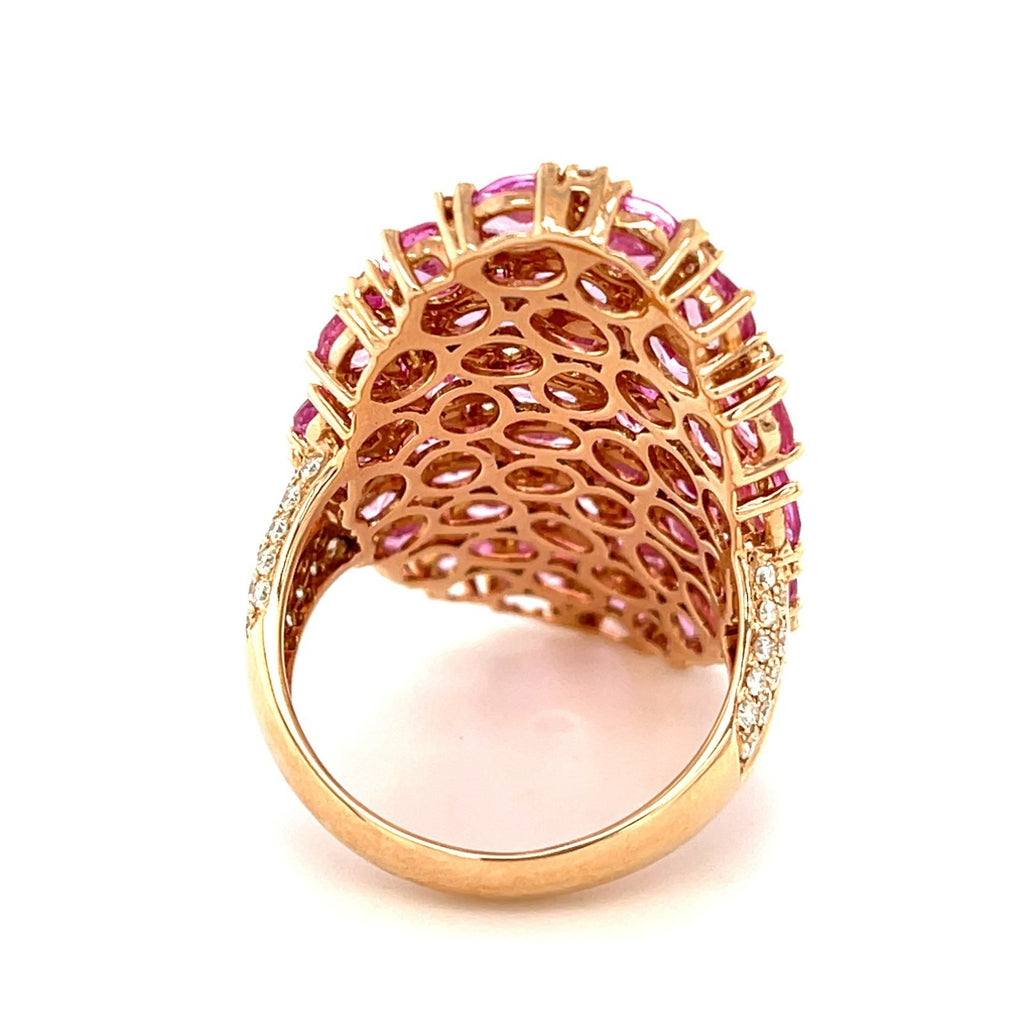 18k Rose Gold & 11.56ct Oval Pink Sapphire Shield Ring w/ 0.75ct Diamond Accents, Size 9