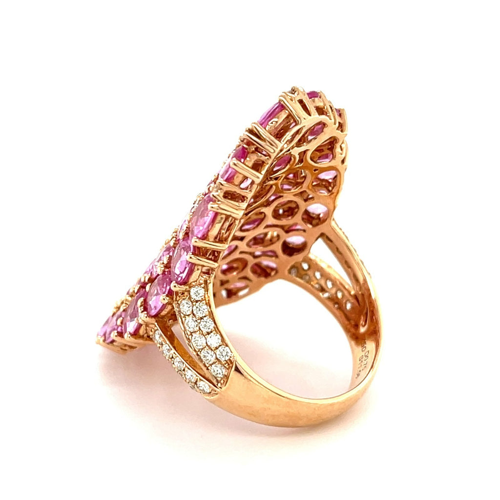 18k Rose Gold & 11.56ct Oval Pink Sapphire Shield Ring w/ 0.75ct Diamond Accents, Size 9