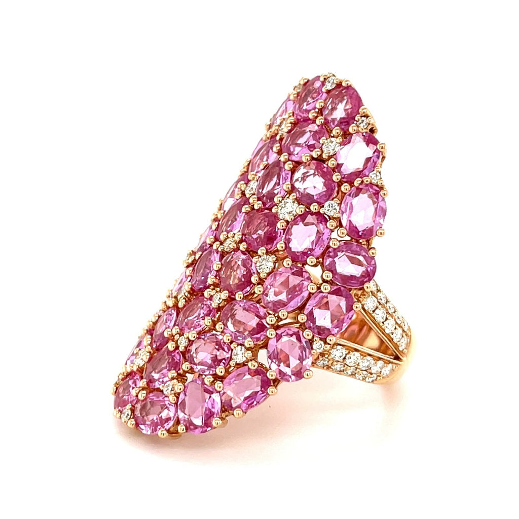 18k Rose Gold & 11.56ct Oval Pink Sapphire Shield Ring w/ 0.75ct Diamond Accents, Size 9