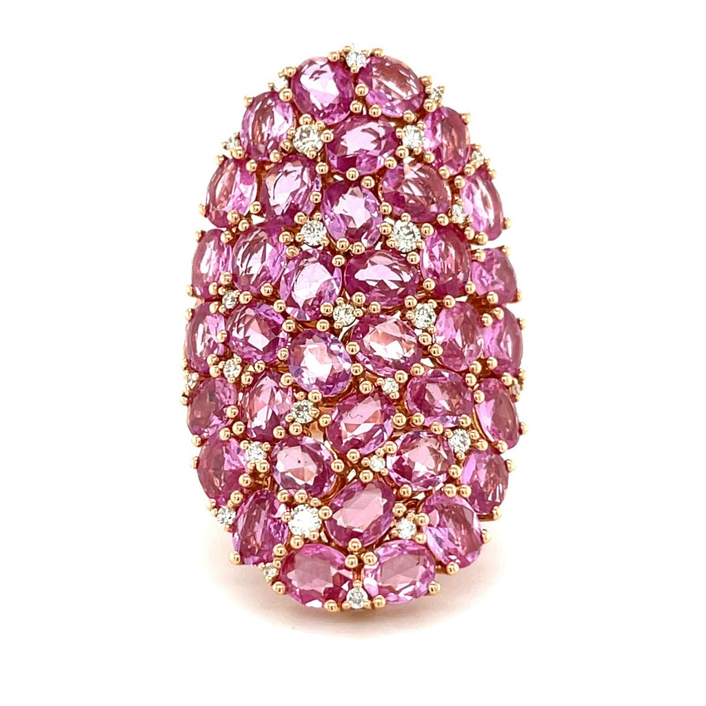 18k Rose Gold & 11.56ct Oval Pink Sapphire Shield Ring w/ 0.75ct Diamond Accents, Size 9