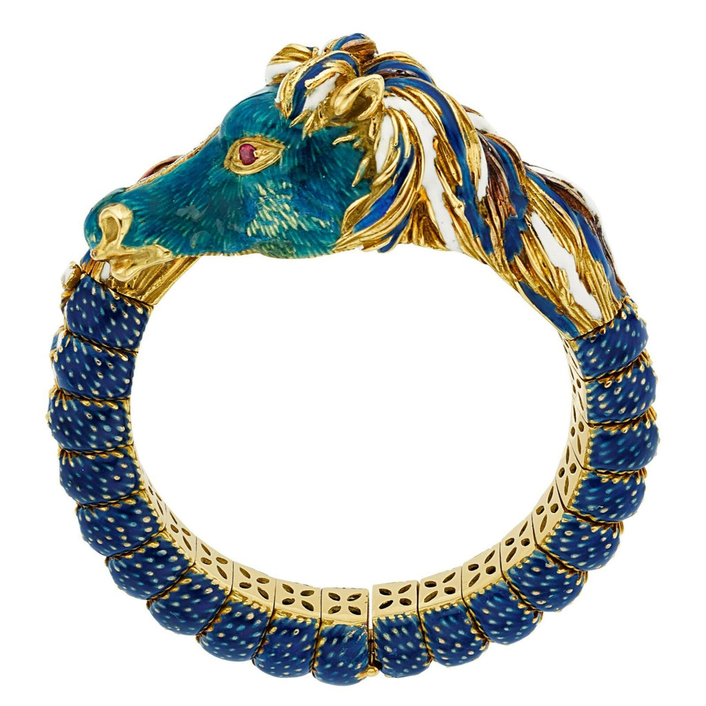 Frascarolo 18k Yellow Gold Diamond, Ruby, and Enamel Horse Bangle 1960s