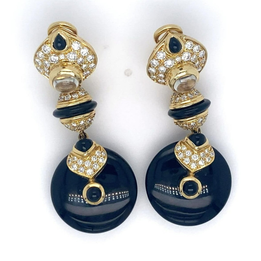 18k Yellow Gold Black Onyx, Moonstone, and 1.66ct Diamond Earrings 2" 33.3 grams