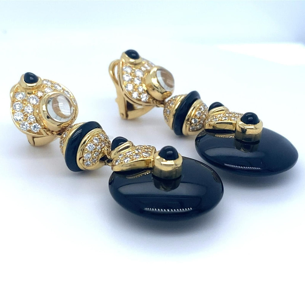 18k Yellow Gold Black Onyx, Moonstone, and 1.66ct Diamond Earrings 2" 33.3 grams