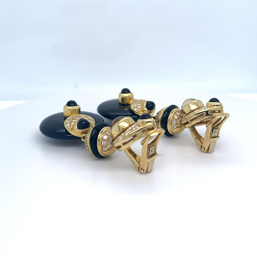 18k Yellow Gold Black Onyx, Moonstone, and 1.66ct Diamond Earrings 2" 33.3 grams