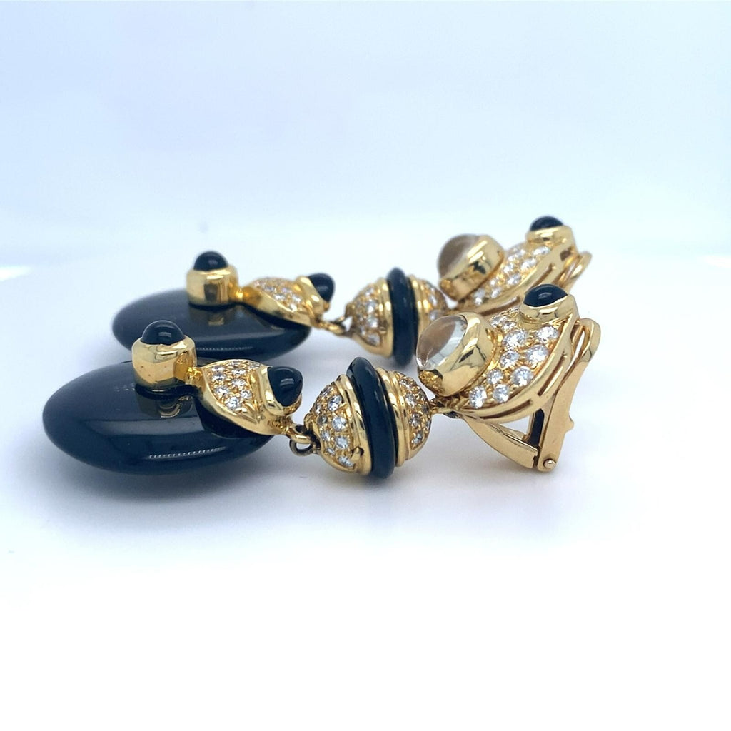 18k Yellow Gold Black Onyx, Moonstone, and 1.66ct Diamond Earrings 2" 33.3 grams
