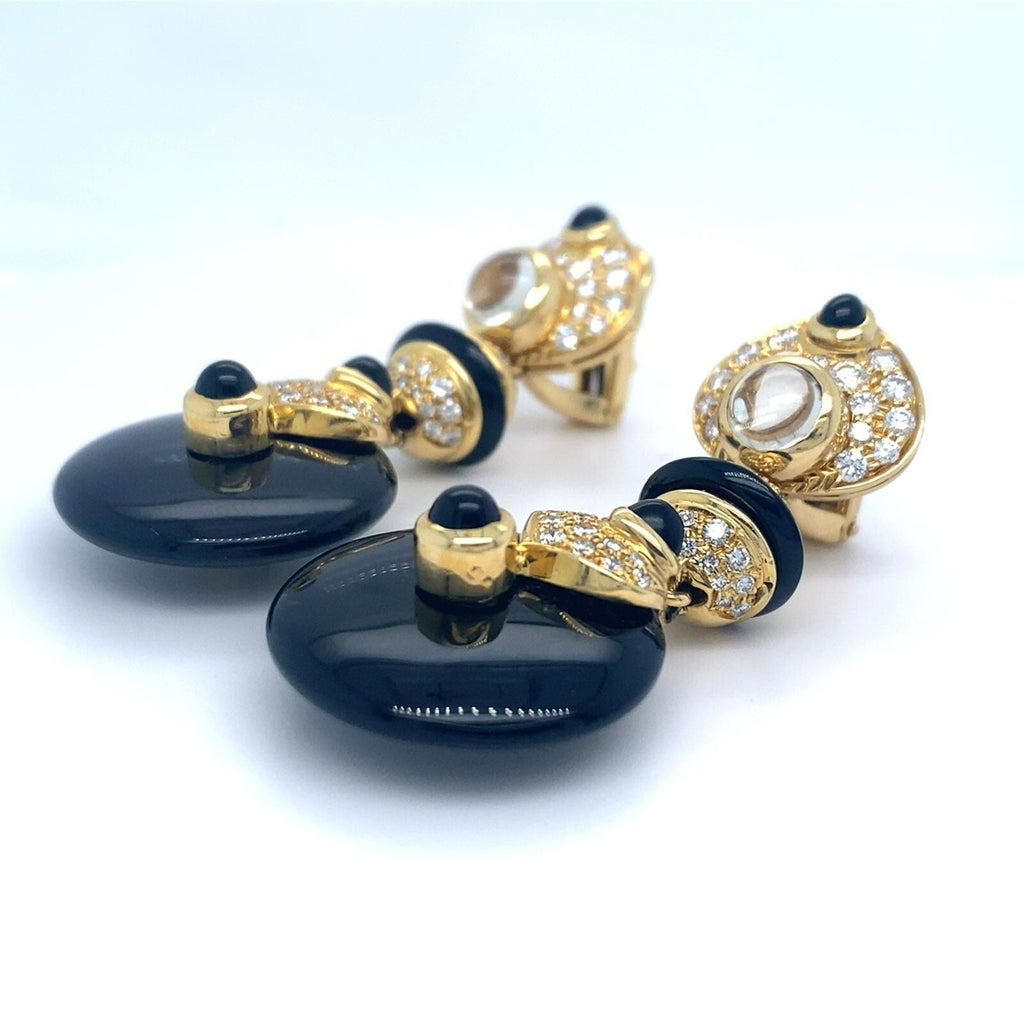 18k Yellow Gold Black Onyx, Moonstone, and 1.66ct Diamond Earrings 2" 33.3 grams