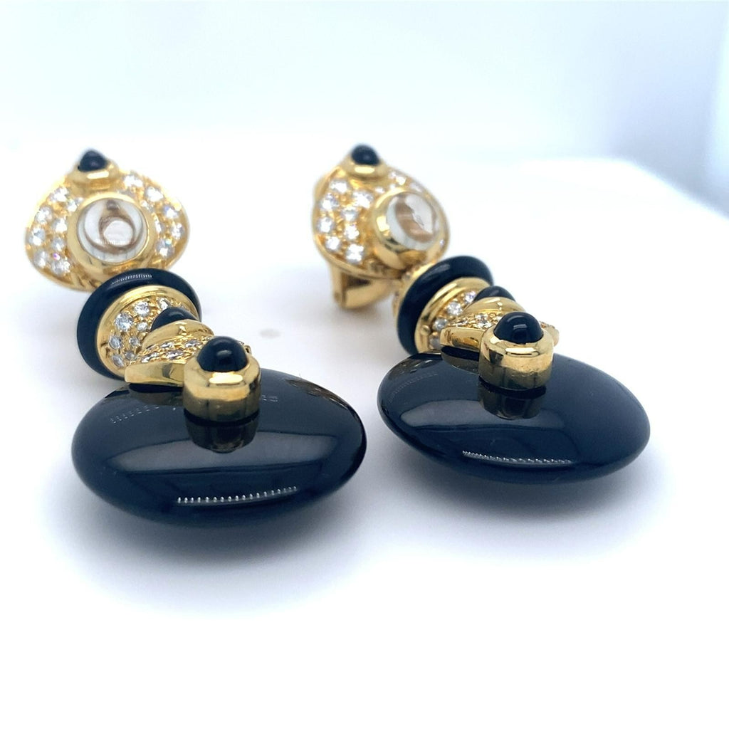 18k Yellow Gold Black Onyx, Moonstone, and 1.66ct Diamond Earrings 2" 33.3 grams