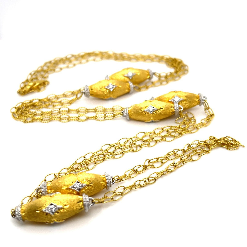Textured 18k Yellow Gold & 0.70ct Diamond Station Necklace w/ White Gold Accents, 35 inches.
